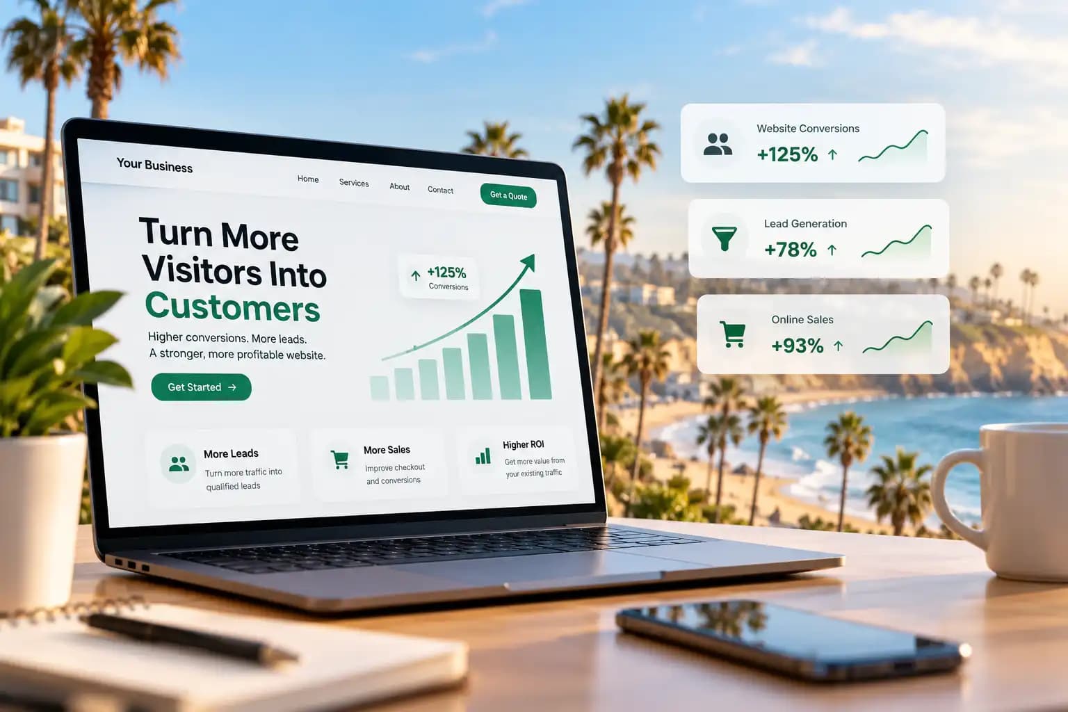 Conversion rate optimization dashboard showing website traffic moving toward qualified leads and conversions