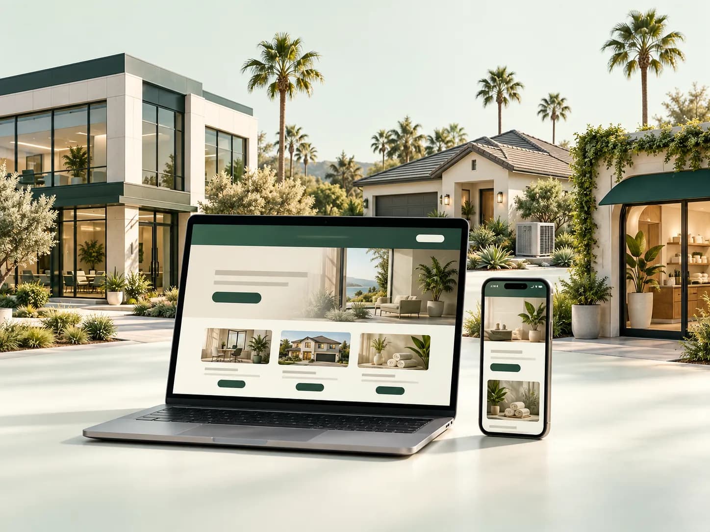 Illustration of business websites on a laptop and phone, surrounded by professional offices, a home, and a wellness storefront