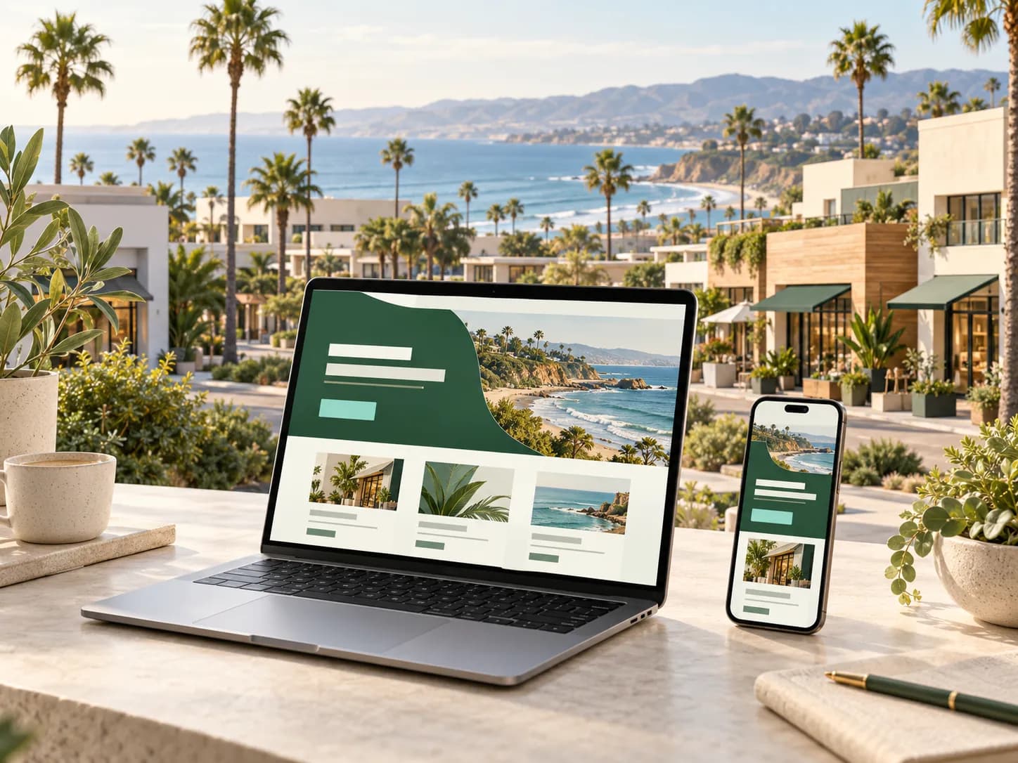 Laptop and mobile website designs overlooking an illustrated Orange County coastal business district