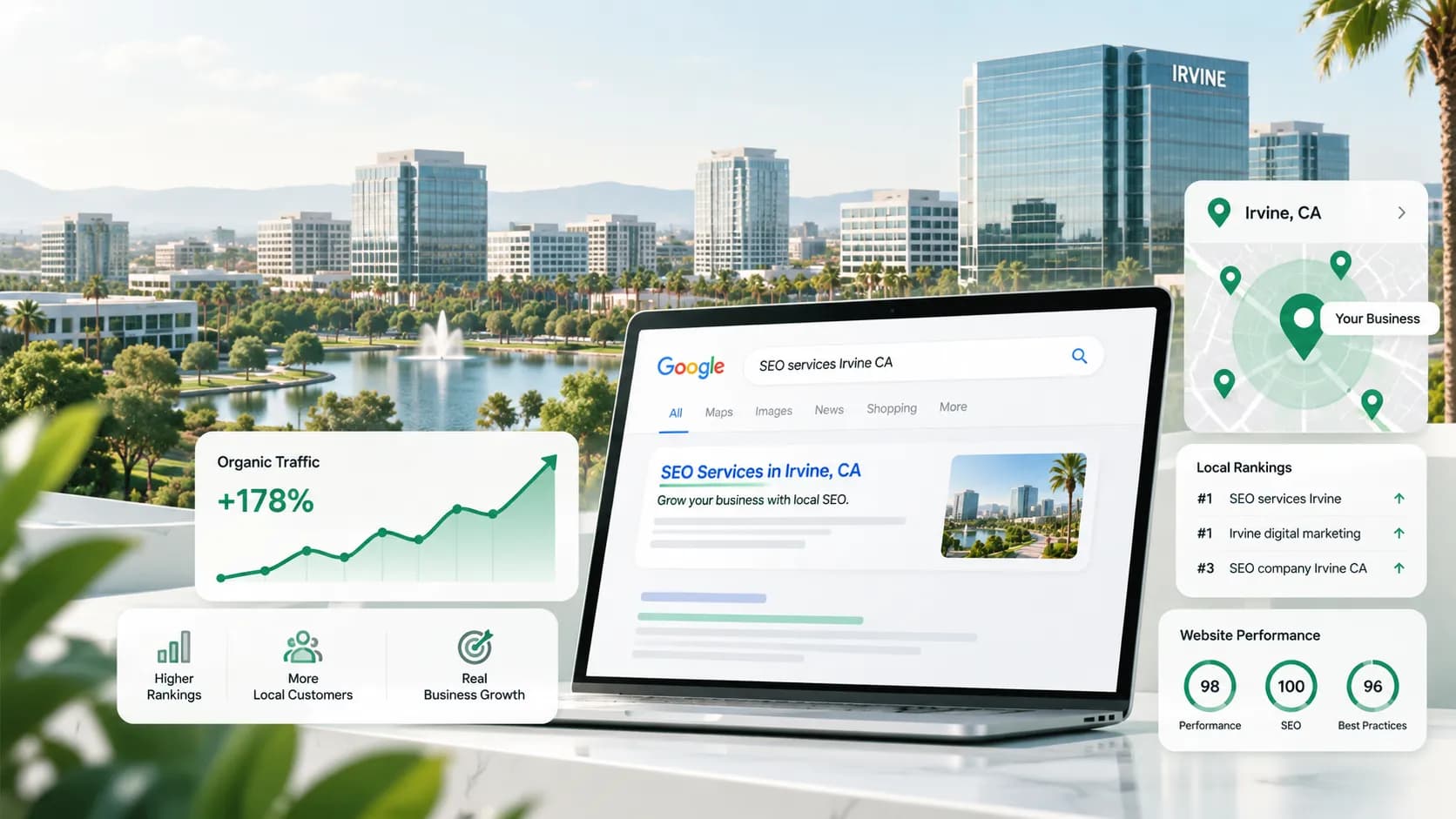 Illustration of Irvine SEO rankings, Google Maps visibility, organic traffic growth, and search performance