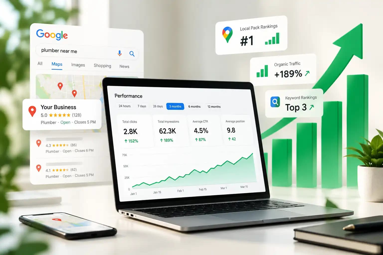 Illustration of Google Maps visibility, keyword rankings and improving organic search performance for a small business