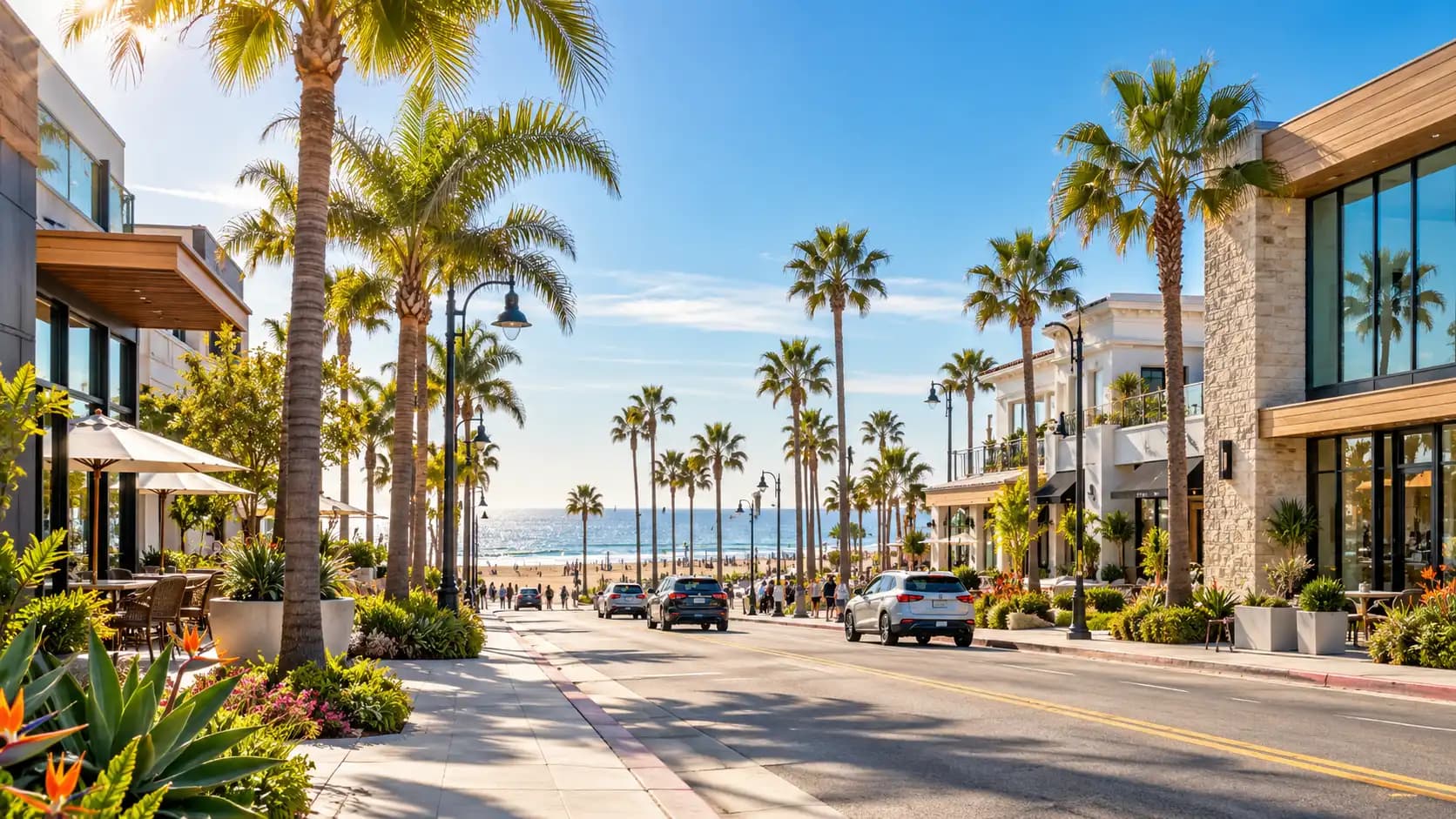 Coastal commercial district representing Huntington Beach, California