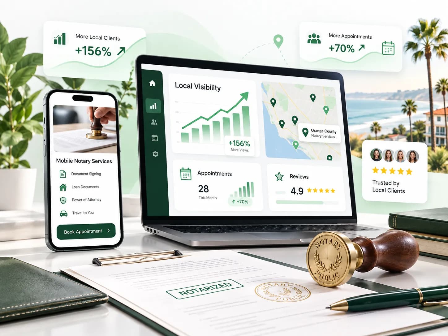Local SEO dashboard and mobile notary service visibility for an Orange County notary public business