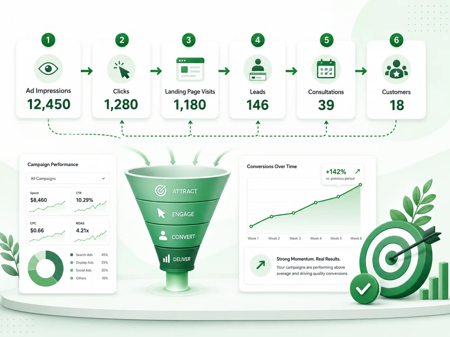 Illustrative paid advertising conversion funnel showing ad impressions, clicks, landing page visits, leads, consultations and customers