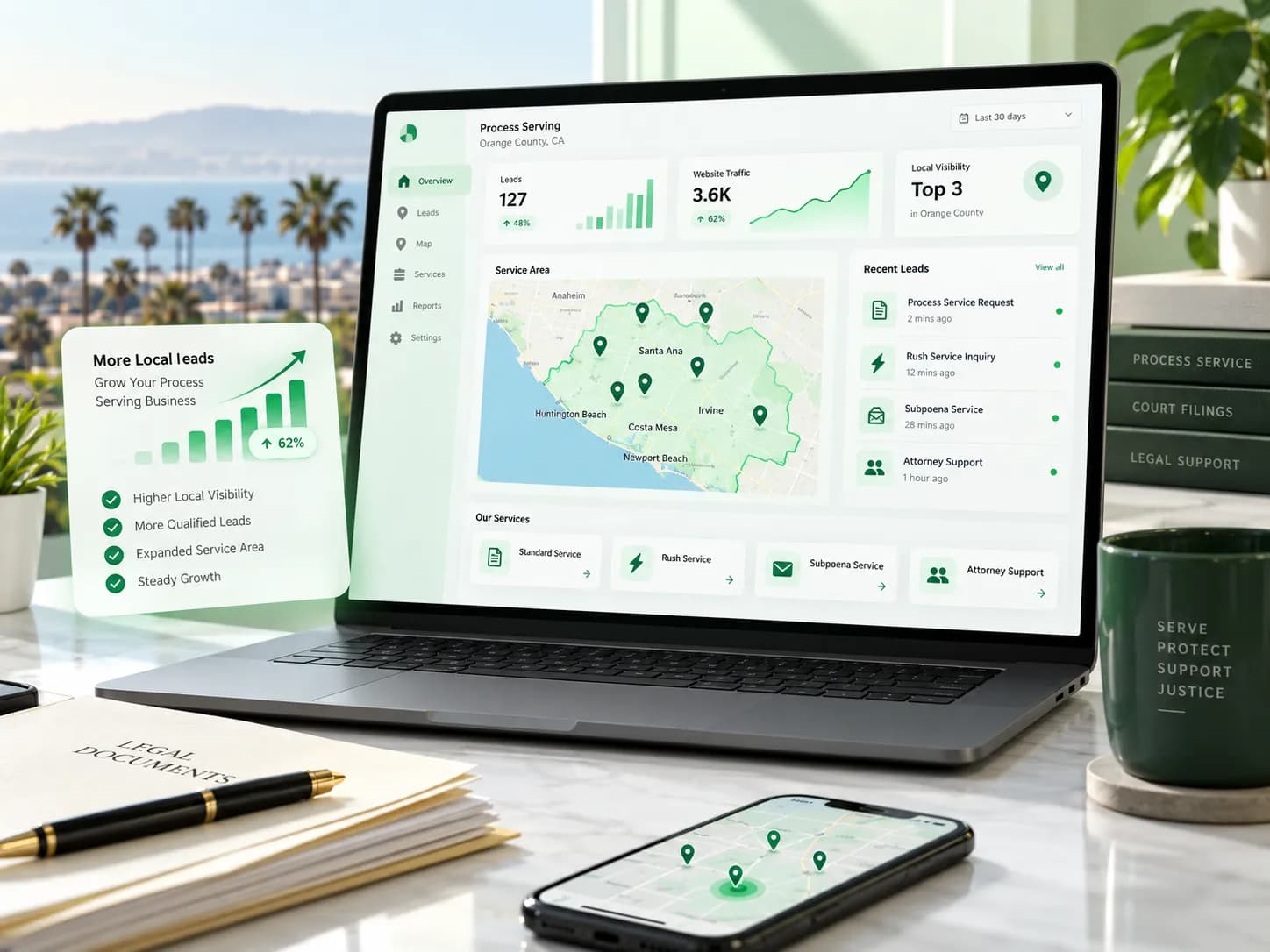 SEO and local search dashboard for an Orange County process serving company