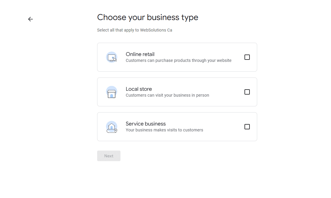 gmb business type selection screen