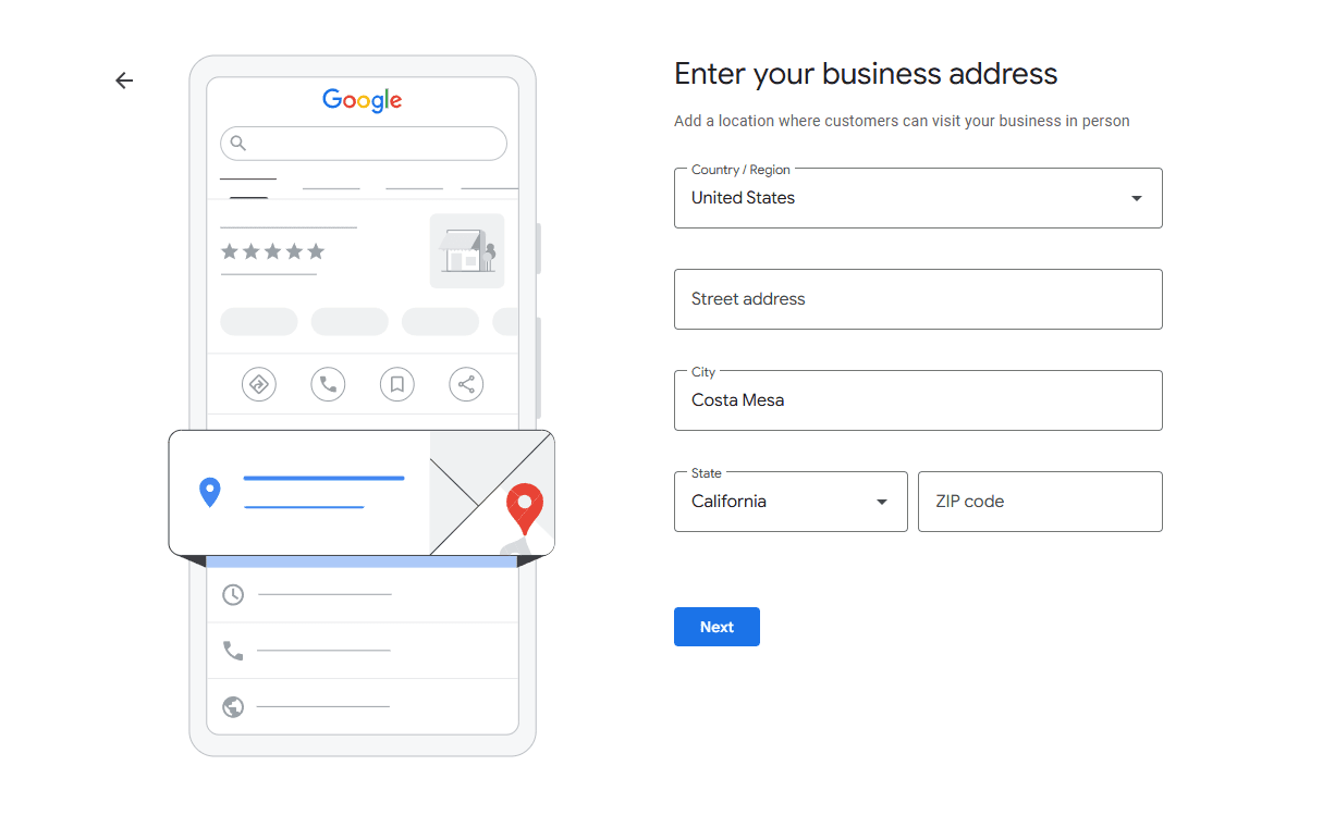 gmb address selection screen