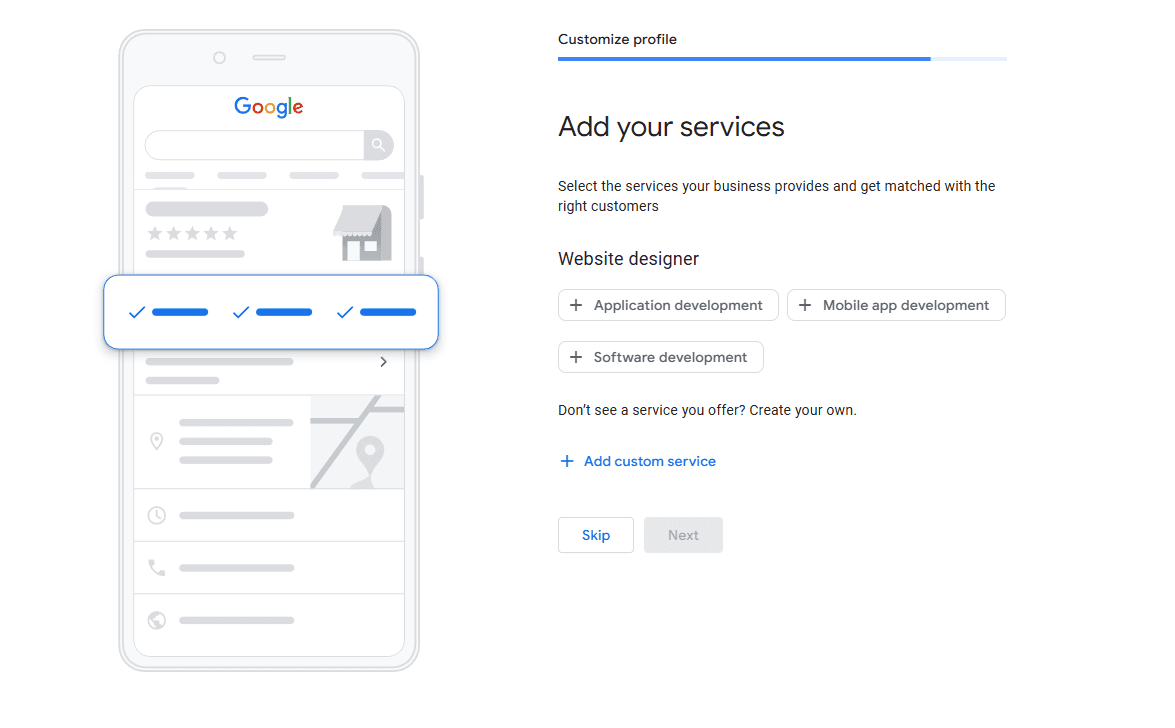 gmb service area selection screen