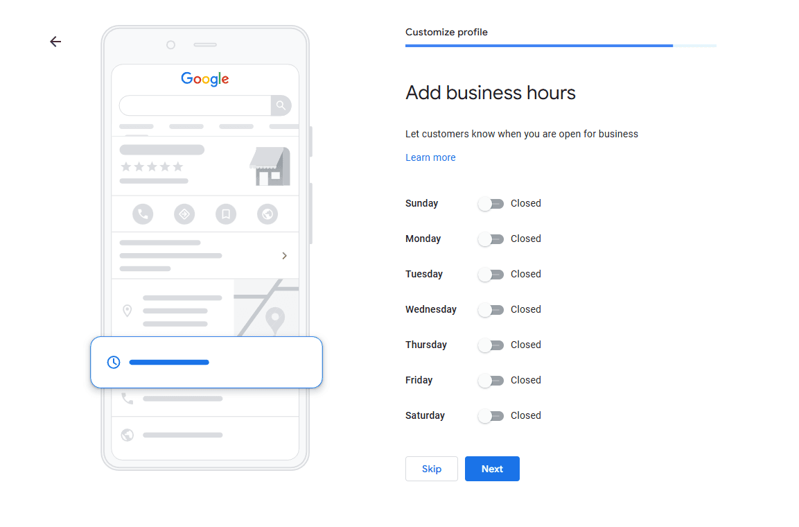 gmb business hours selection screen