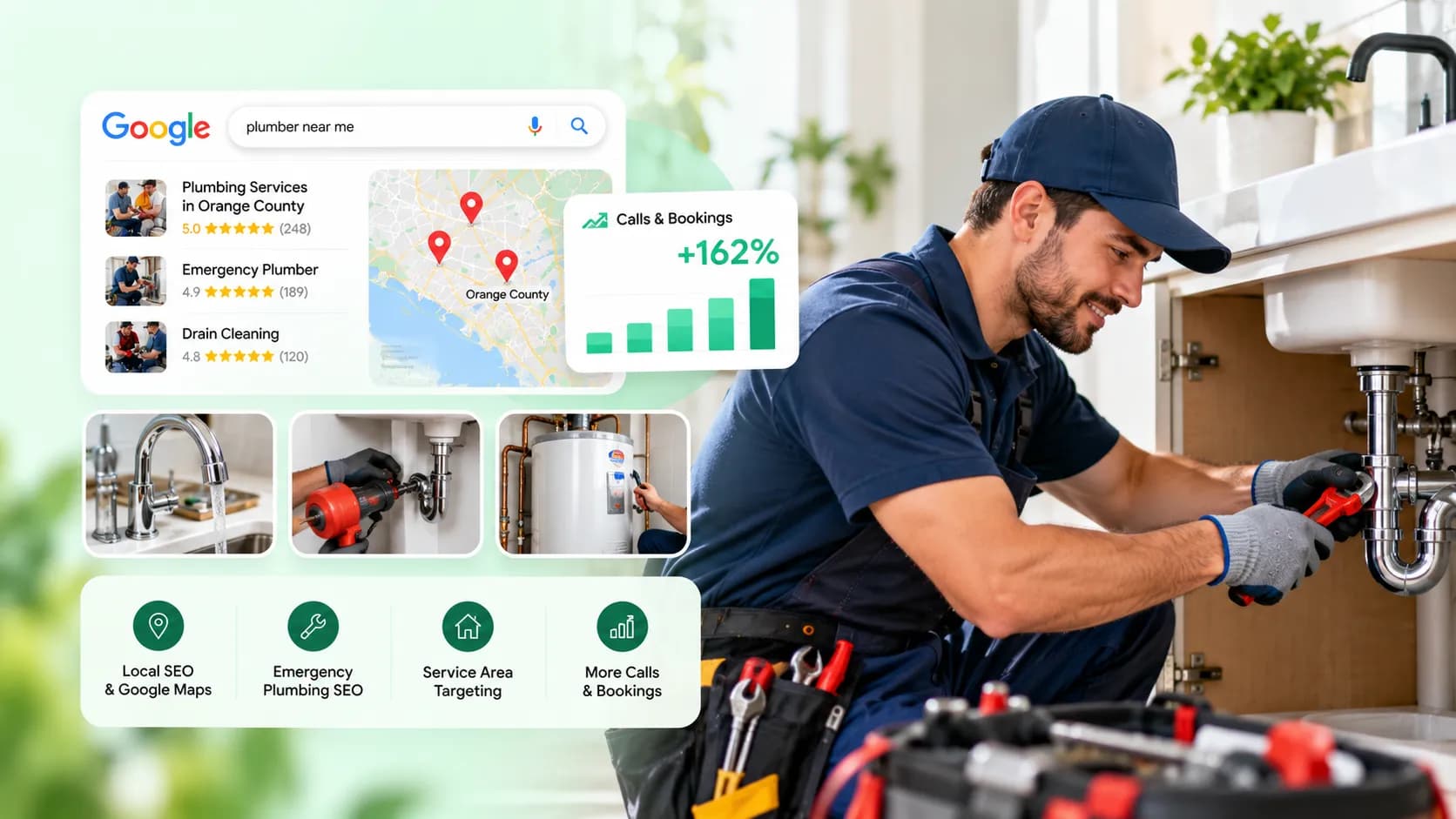 Plumber working under a sink with local search, Google Maps, and plumbing lead generation visuals for Orange County