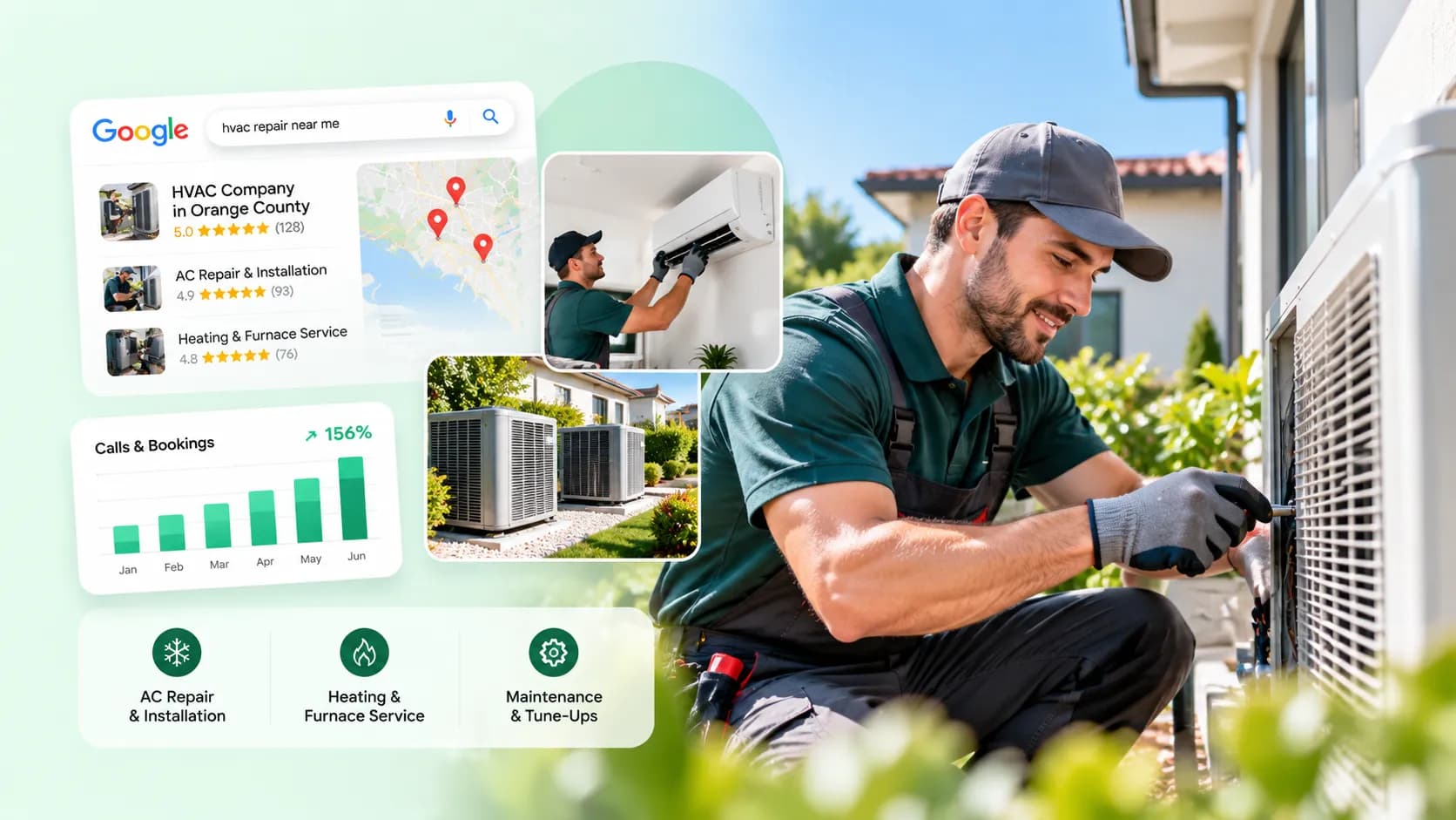 HVAC technician with local search and lead generation visuals for an Orange County HVAC company