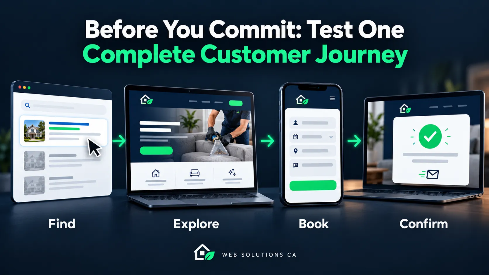 Four steps of a customer journey from finding a website to completing a booking