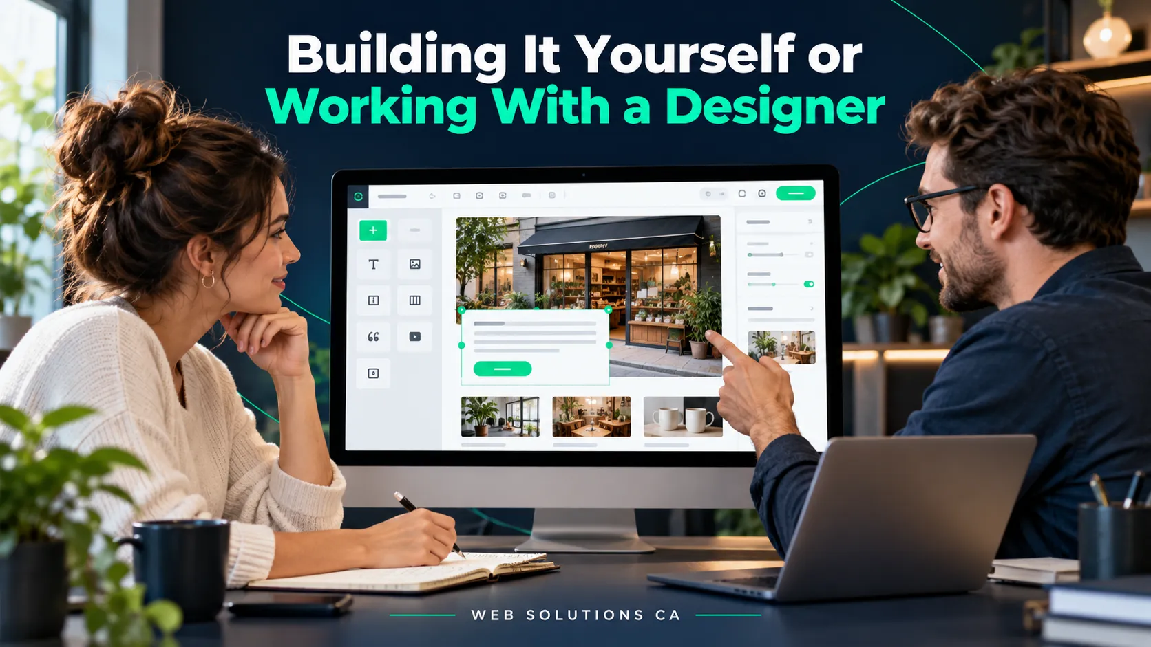 Small business owner discussing website design with a professional designer