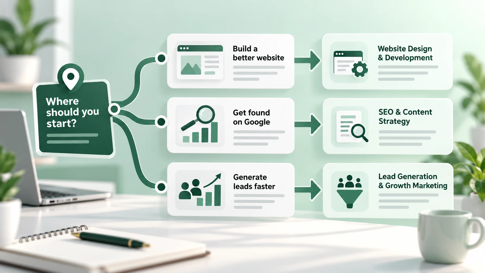 Low-cost digital marketing infographic showing Website, SEO, Ads, Analytics, and Optimization