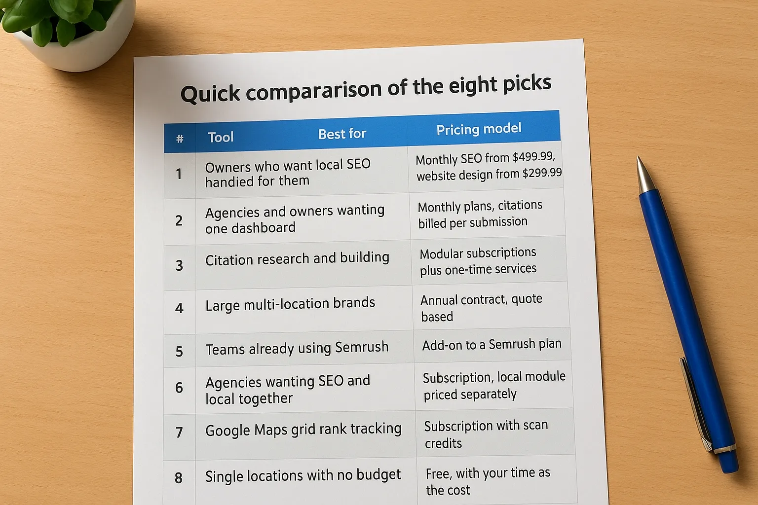 Quick comparison of the eight picks