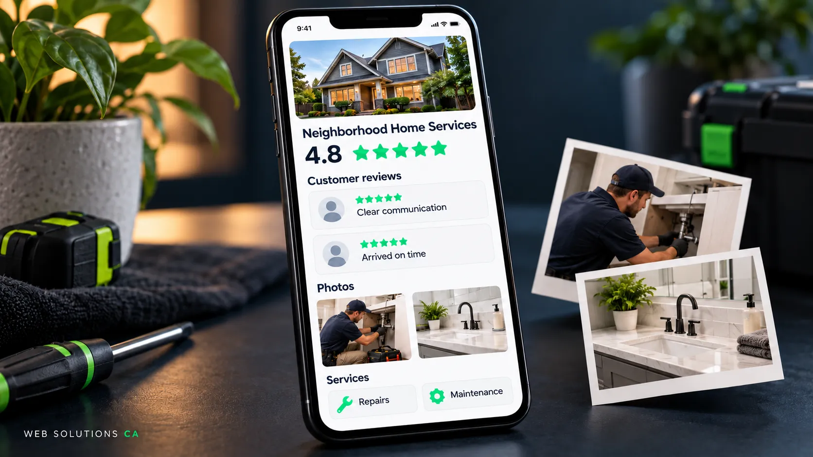 Local service business review profile with customer feedback and project photographs