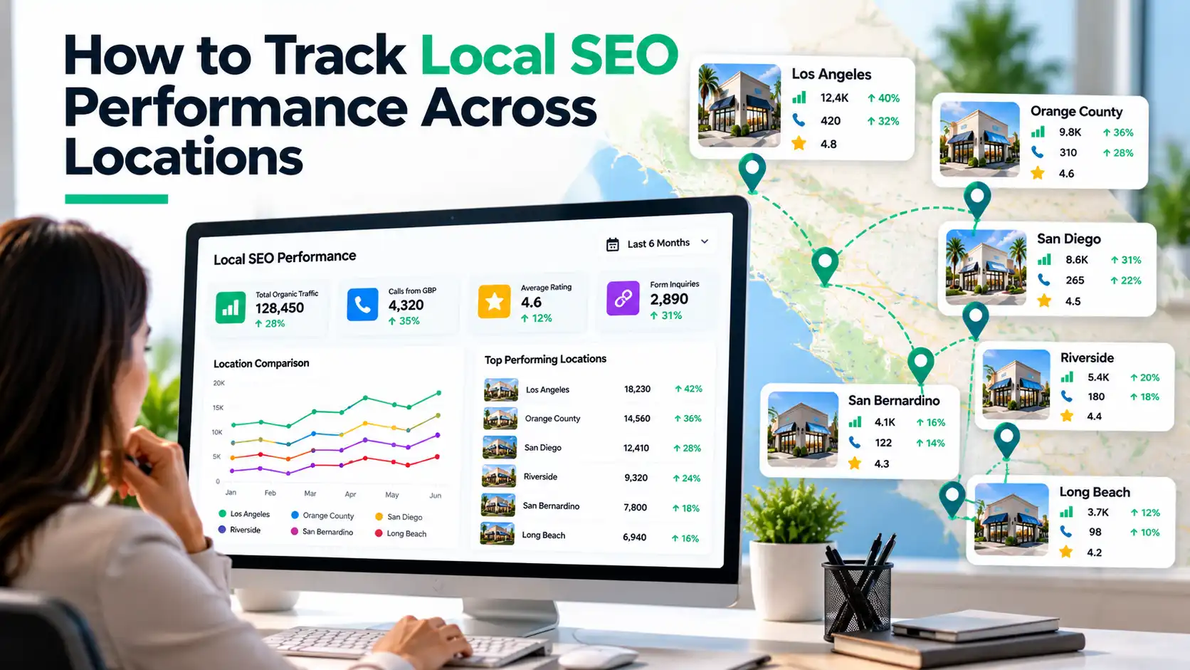 Illustration of tracking local SEO performance and customer activity across multiple business locations