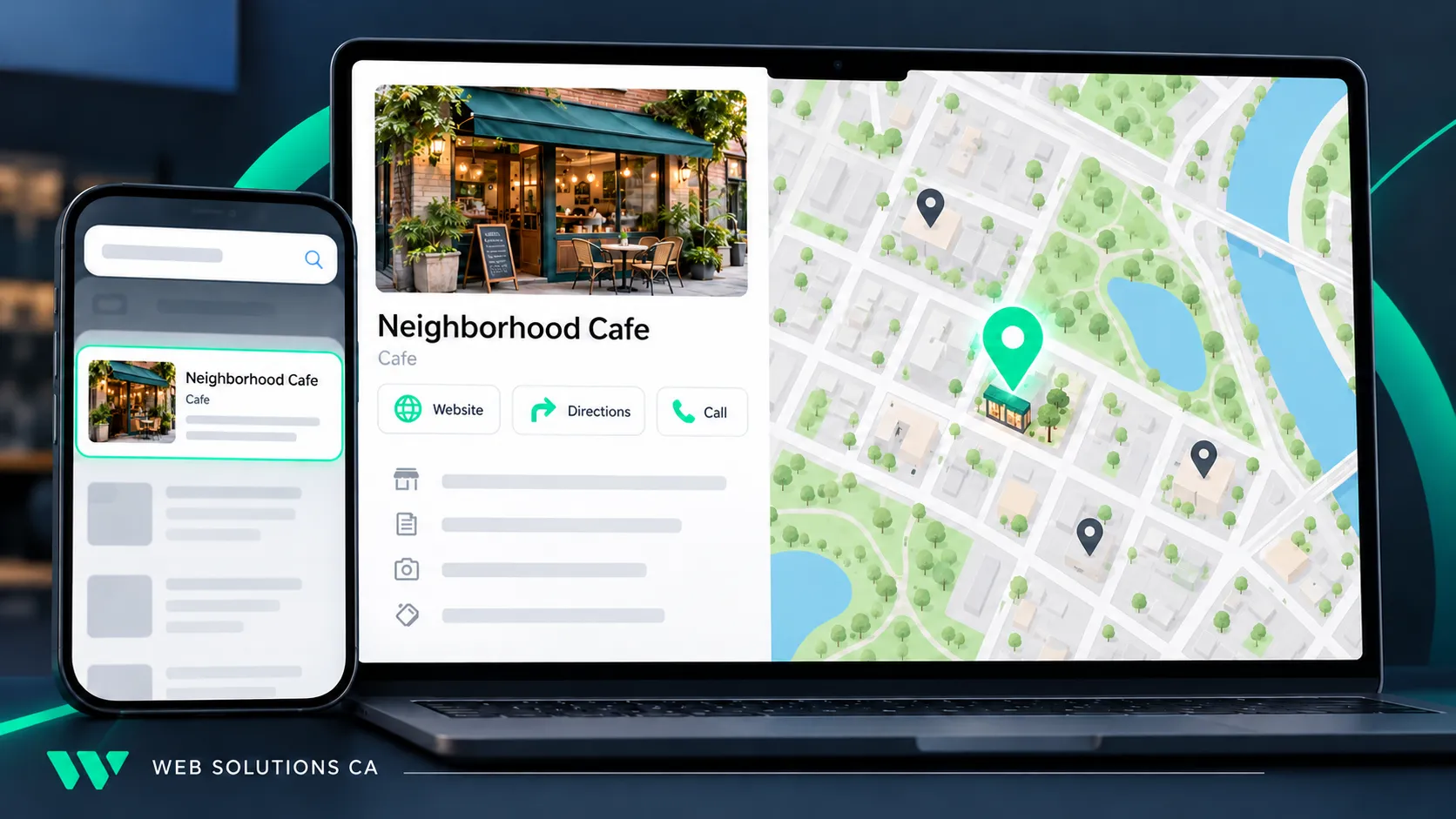 Illustration of Google Maps listings and a local business website on desktop and mobile