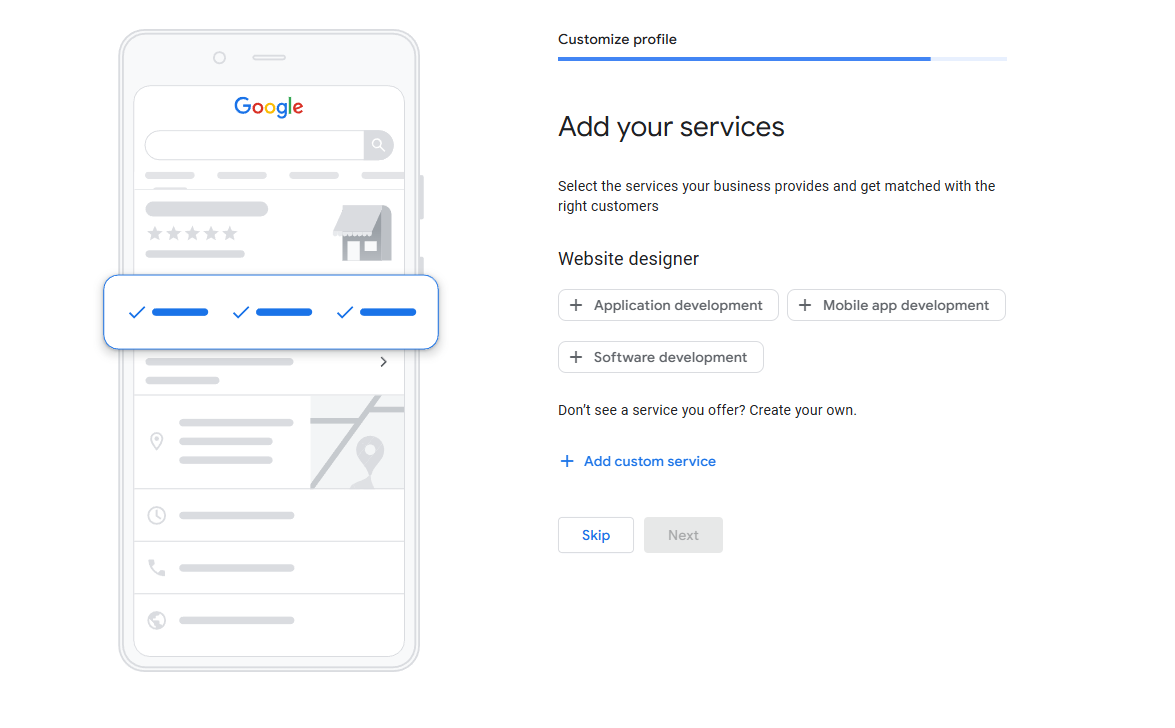 gmb service area selection screen